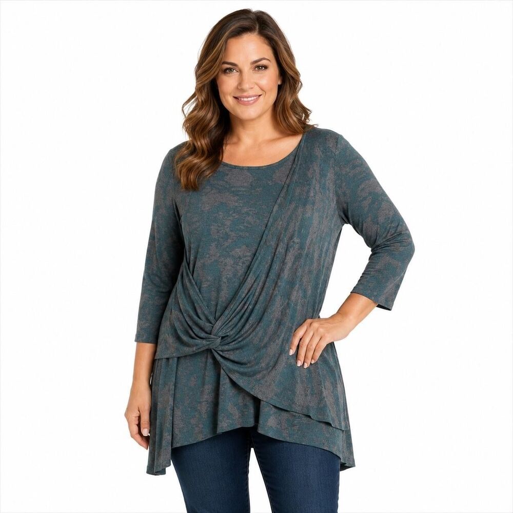 Soft Surroundings Tunic Blouse Womens Large Blue Camo Scoop Neck 3/4 Knot Top